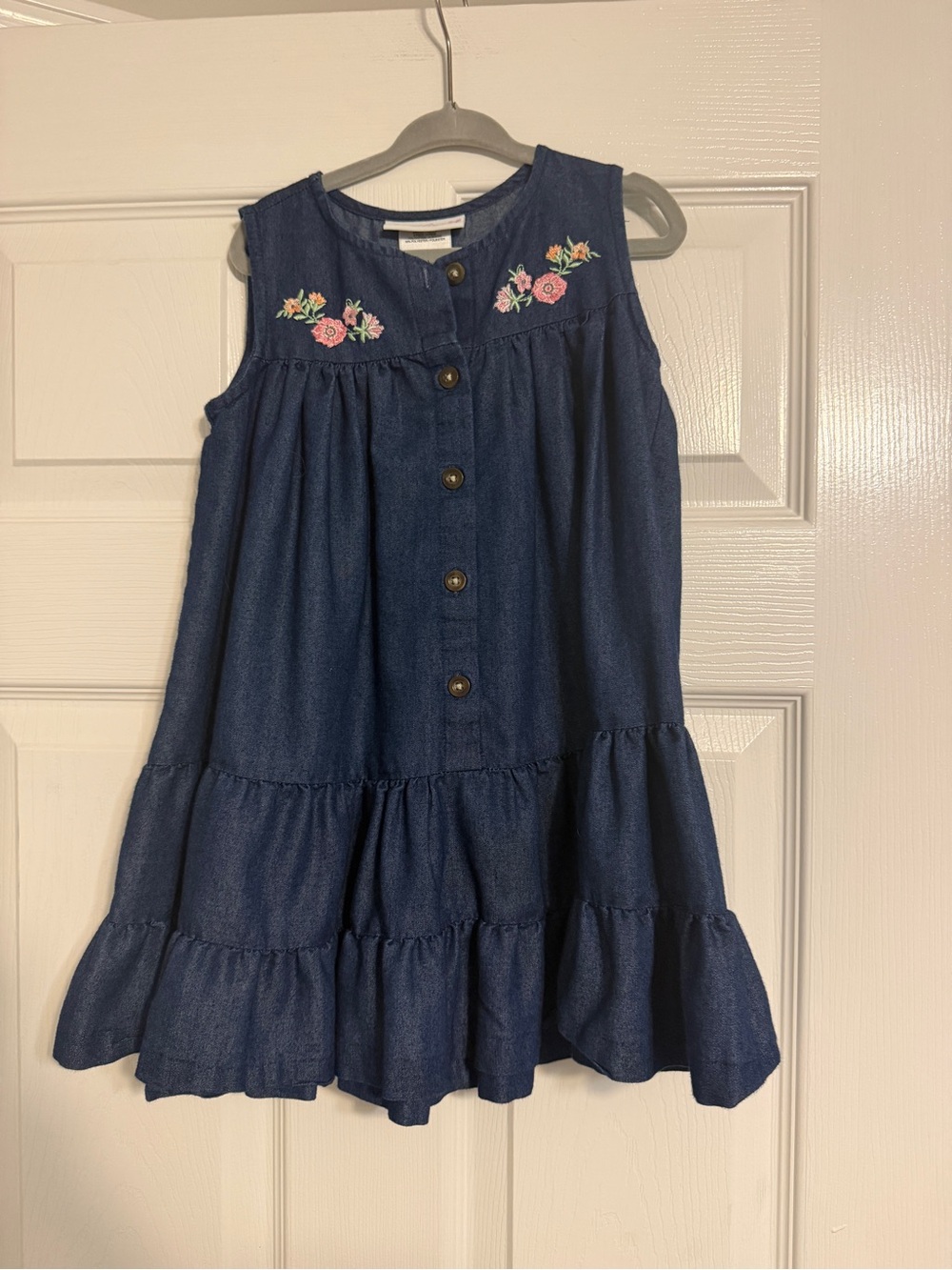 Girls' Navy Blue Tiered Button-Front Dress with Floral Embroidery